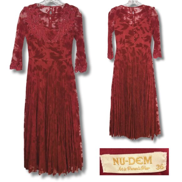 VINTAGE Ruby Red Pleated Velvet Beaded Party Dress Dark Academia Whimsy 36 S M - Picture 1 of 15